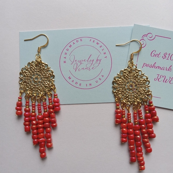 Hand Crafted Jewelry - Hand Crafted Gold and Orange Beaded Earrings